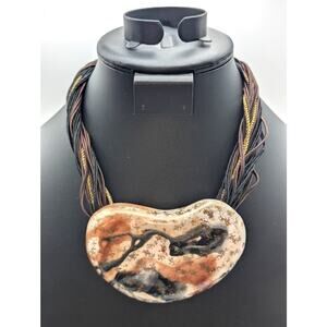 Artist Carol Halmy Ceramic Multi-Corded Pendant Hook Clasp 16.5" Necklace